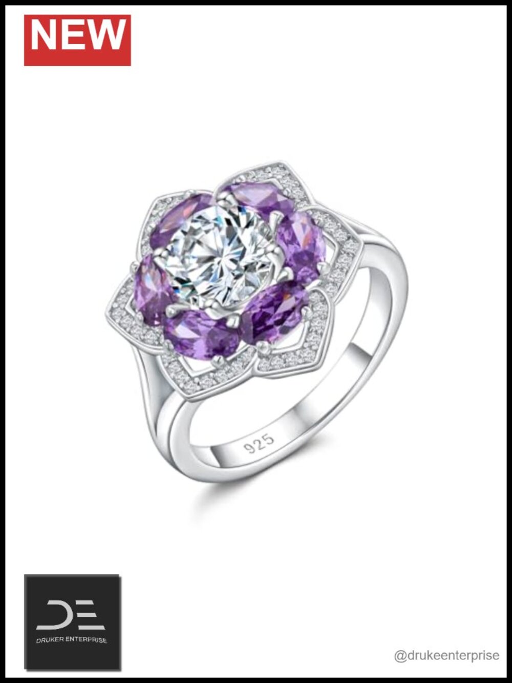 Sterling Silver Flower Ring 18k White Gold Plated Amethyst Lab Grown Diamond